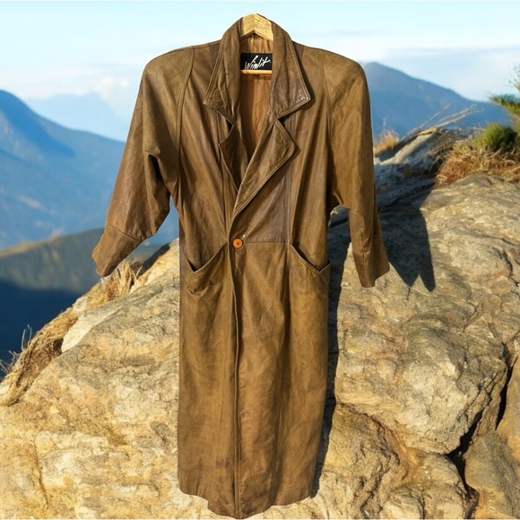 VINTAGE 1989 WINLIT BROWN‎ LEATHER DOUBLE BREAST TRENCH COAT SIZE MEDIUM - Picture 10 of 13
